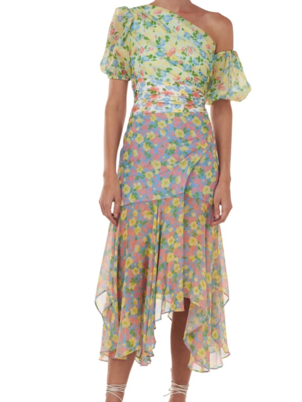 AMUR One-Shoulder Floral Dress in Yellow, Pink, Blue